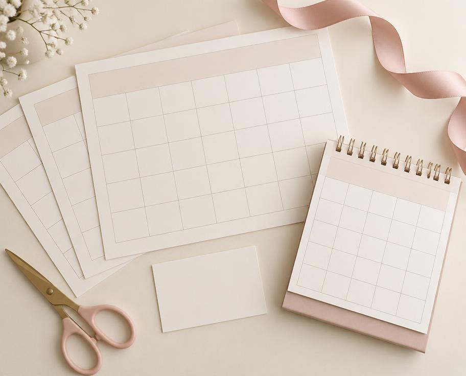 Folhas de calendário impressas com grades vazias e um calendário de mesa