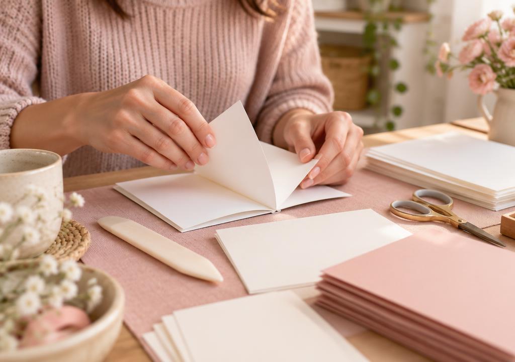 Mãos montando um caderno artesanal com folhas impressas em uma mesa de artesanato