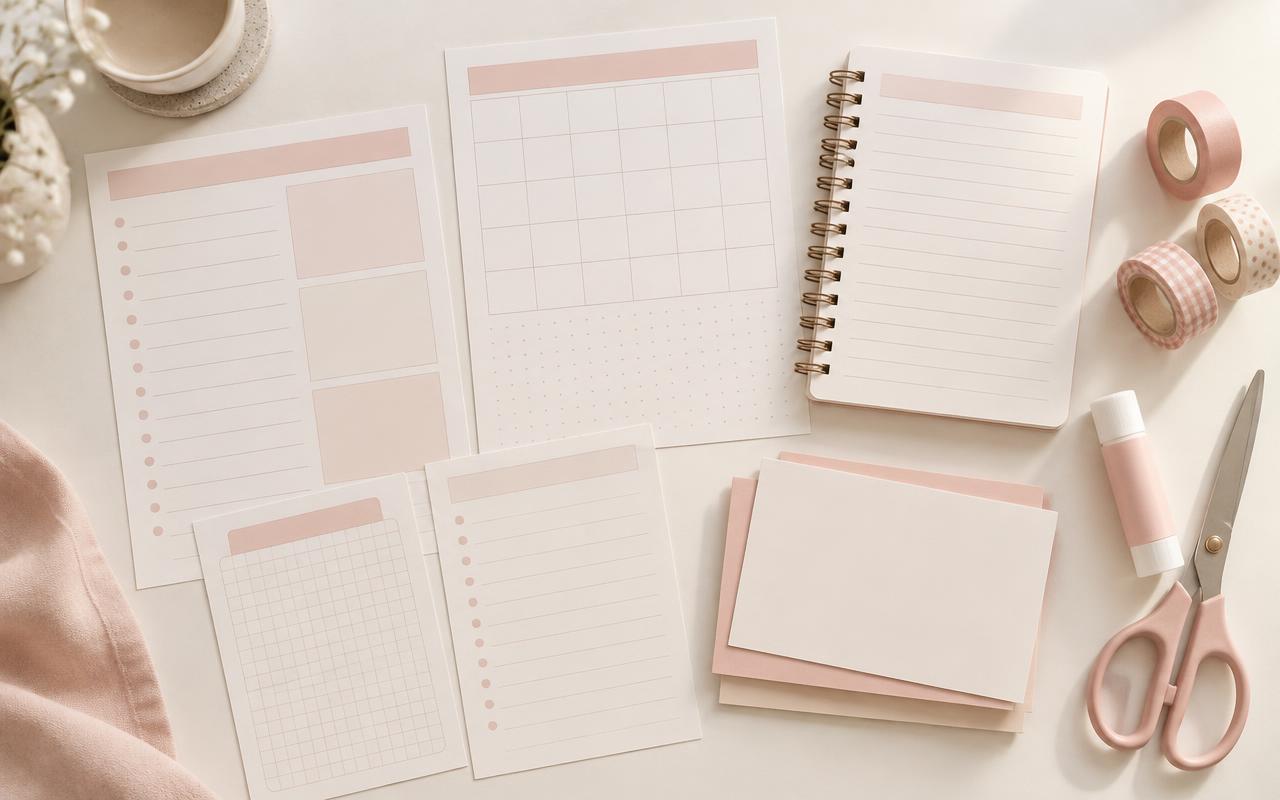 Folhas de papelaria impressas, caderno espiral, tesoura e fitas adesivas sobre uma mesa clara