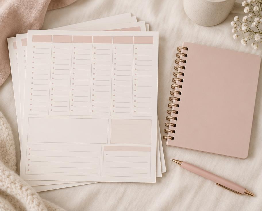 Folhas impressas de planner semanal com caixas vazias e um caderno espiral